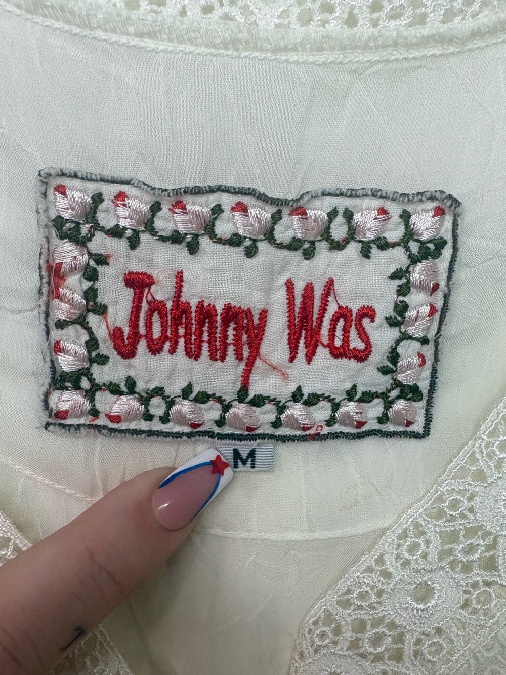 Johnny Was Ivory Embroidered Lace Boho Peasant Blouse Sheer Sleeve Medium - Picture 4 of 16